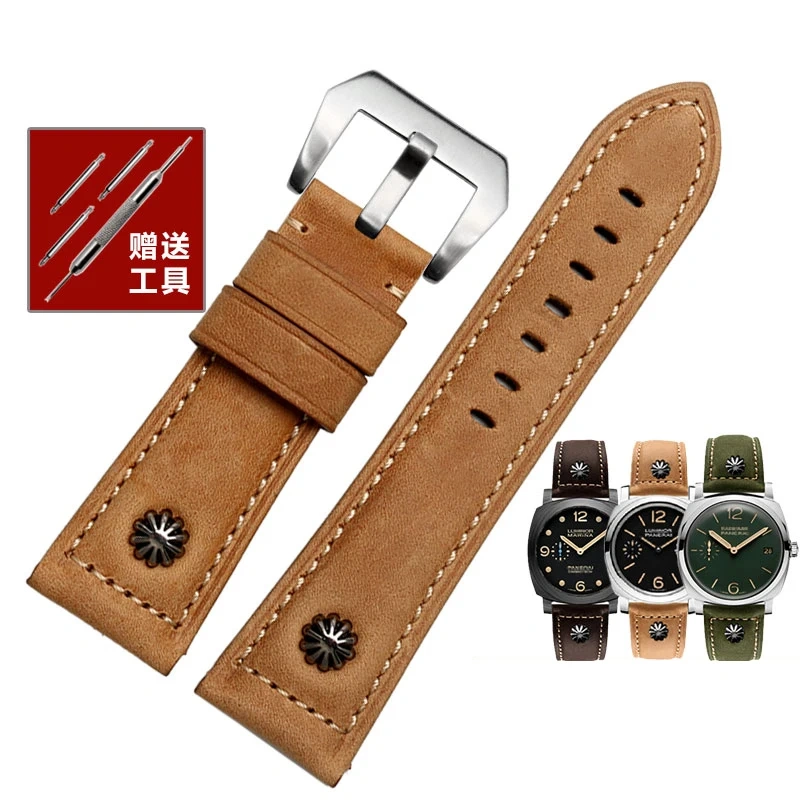 22mm 24MM 26mm Bracelet For Panerai Watchband High-quality Leather PAM111 With rivet Vintage cowhide Men Diesel Soft Watch Strap