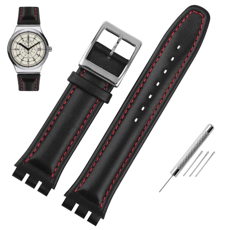 Genuine Leather Watchband For Swatch watch band 17mm 19mm Cowhide Watch Strap Red Black Bracelet Women and Men Watch accessorie