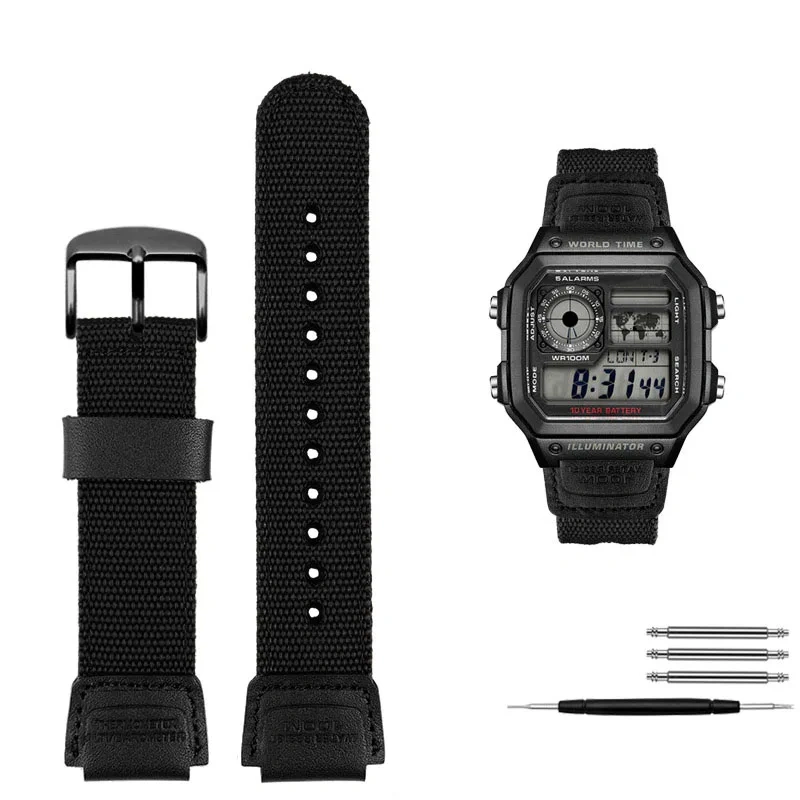 For Casio AE-1200 1100 SGW-300/400 A158WA woven Men‘s Bracelet Cow leather canvas Watchband 18mm waterproof nylon watch strap