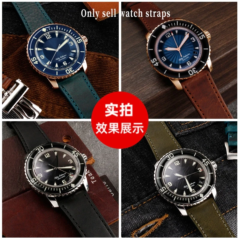 For Blancpain Fifth Fathoms 5000 Genuine leather Watch Strap 5100 Italian cowhide watch band butterfly buckle 23mm Men Bracelet