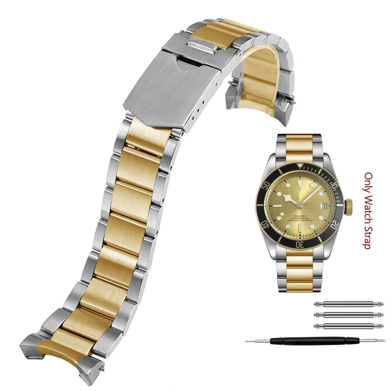 Bracelet For Tudor Byfjord Qicheng Watchband Small Red Flower Solid Steel Watch Strap With Arc Mouth Steel Watch Chain 22mm Gold