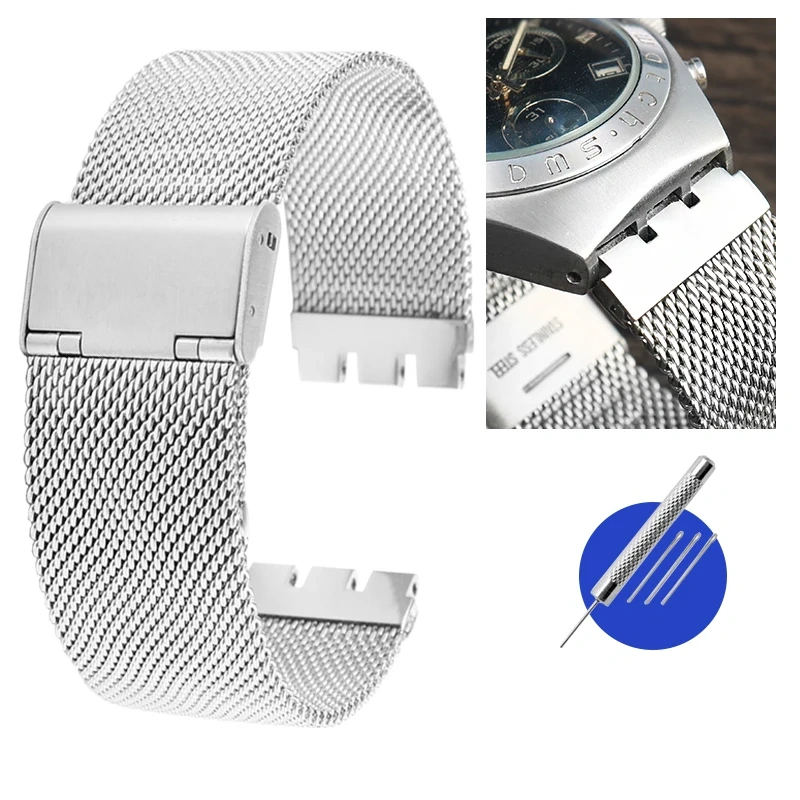 Milan breathable mesh belt Watchband For Swatch Stainless steel Watchstrap YVS401G YIS407G YIS406G Men Women bracelet 17 19 20mm