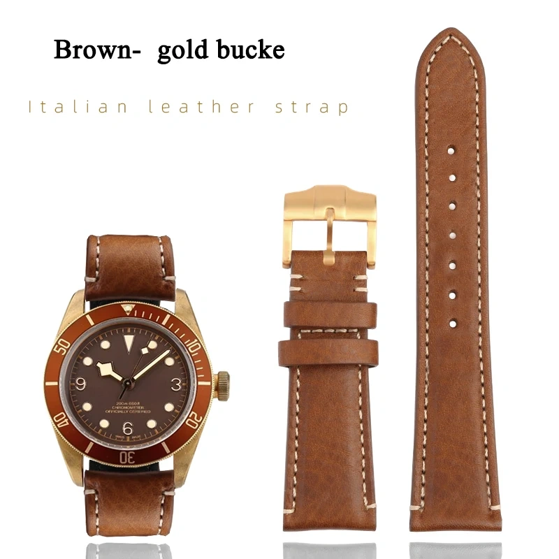 High Quality 22mm Strap Brown Vintage Retro Italy Genuine Leather Bracelet For Tudor Watch Band Butterfly Buckle Belt Wristband