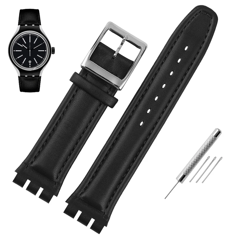 Genuine Leather Watchband For Swatch watch band 17mm 19mm Cowhide Watch Strap Red Black Bracelet Women and Men Watch accessorie