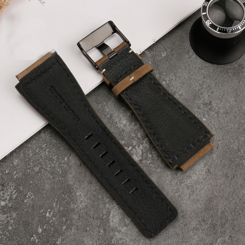 Raised Leather Watch Strap Frosted For Bell Ross Burrought BR0393 BR0392 Silicone Watchband Soft Men Cowhide Wristband 24MM