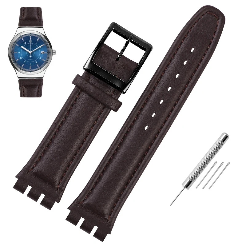 Genuine Leather Watchband For Swatch watch band 17mm 19mm Cowhide Watch Strap Red Black Bracelet Women and Men Watch accessorie