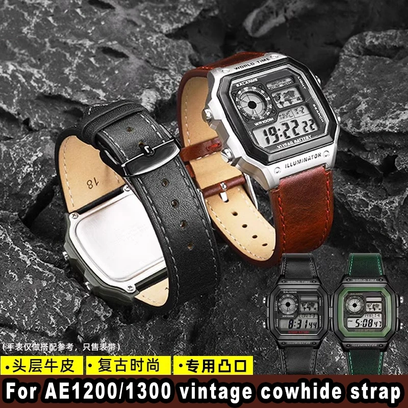 Retro Bracelet 18mm For Casio Vintage Leather Strap A158 A159 A169 AE-1200 AE1200 AE1300 SGW-300/400 AQ-150W Cowhide Wristband