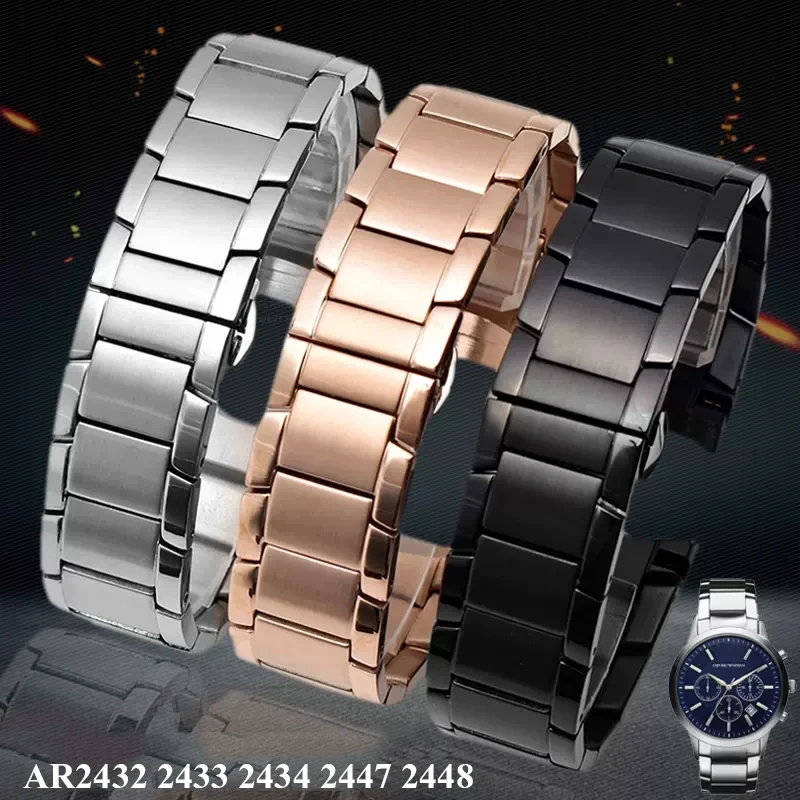 22mm Stainless Steel Watch Strap For Armani AR2452 AR2453 AR2448 Watchband Butterfly Buckle Fine steel Bracelet Wristband Gold
