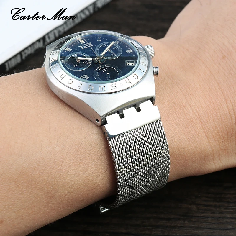 Milan breathable mesh belt Watchband For Swatch Stainless steel Watchstrap YVS401G YIS407G YIS406G Men Women bracelet 17 19 20mm