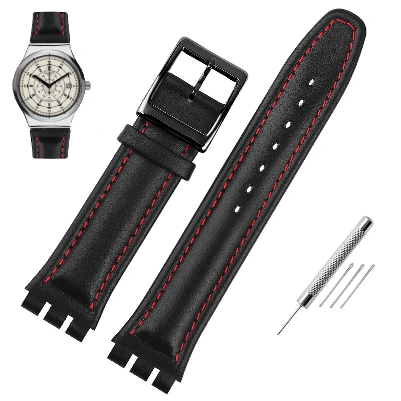 Genuine Leather Watchband For Swatch watch band 17mm 19mm Cowhide Watch Strap Red Black Bracelet Women and Men Watch accessorie