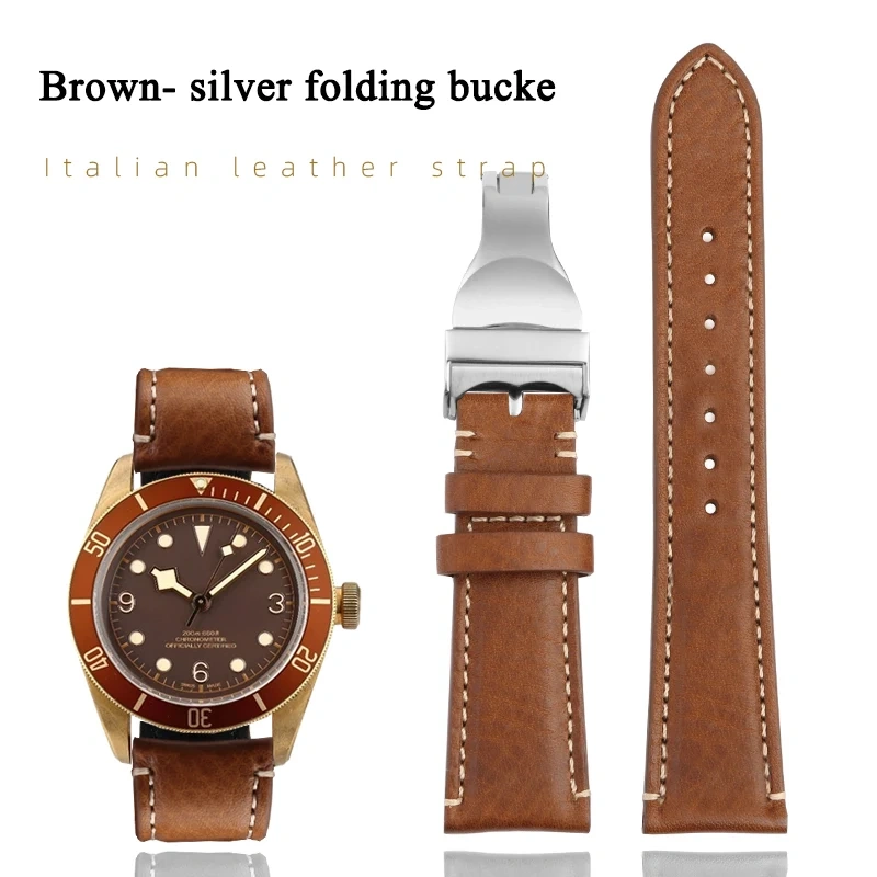 High Quality 22mm Strap Brown Vintage Retro Italy Genuine Leather Bracelet For Tudor Watch Band Butterfly Buckle Belt Wristband