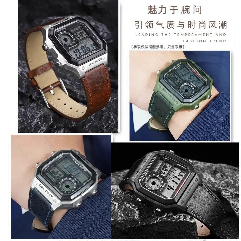 Retro Bracelet 18mm For Casio Vintage Leather Strap A158 A159 A169 AE-1200 AE1200 AE1300 SGW-300/400 AQ-150W Cowhide Wristband