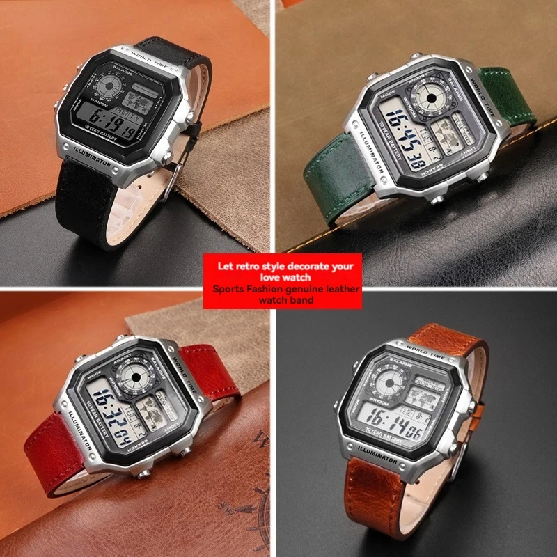 New Retro Cowhide Watchband For Casio W800H SGW400 F91W F84 F105/108/A158/168 AE1200/1300 Vintage Watch Bracelet Calfskin Strap