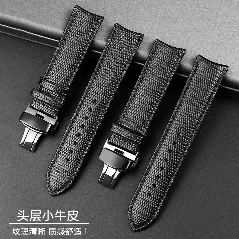 20MM 21MM 22MM Curved End Cowhide Watchband For Rossini 5793B04B 9633B04B Arc Mouth Lizard Pattern Tissot Strap Butterfly buckle