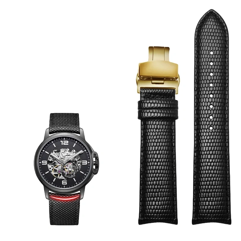 20MM 21MM 22MM Curved End Cowhide Watchband For Rossini 5793B04B 9633B04B Arc Mouth Lizard Pattern Tissot Strap Butterfly buckle