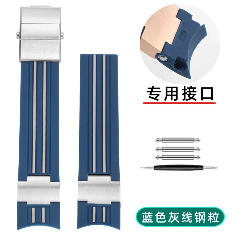 Natural Rubber Watchband 22mm For Ulysse Nardin Diver Black  red stripes Silicone Watch Strap Silver Rose Gold Folding Buckle