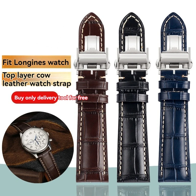 19mm 20mm 21mm Genuine Leather Watchband For Longines L2 L3 L4 Masters COLLECTION Watch men's Cowhide Strap Butterfly buckle