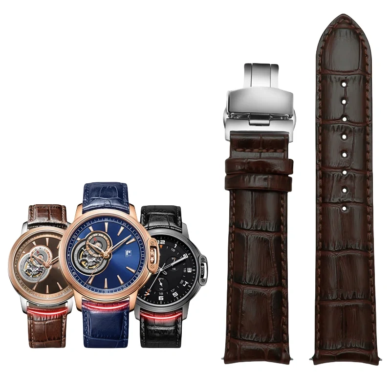20MM 21MM 22MM Curved End Cowhide Watchband For Rossini 5793B04B 9633B04B Arc Mouth Lizard Pattern Tissot Strap Butterfly buckle