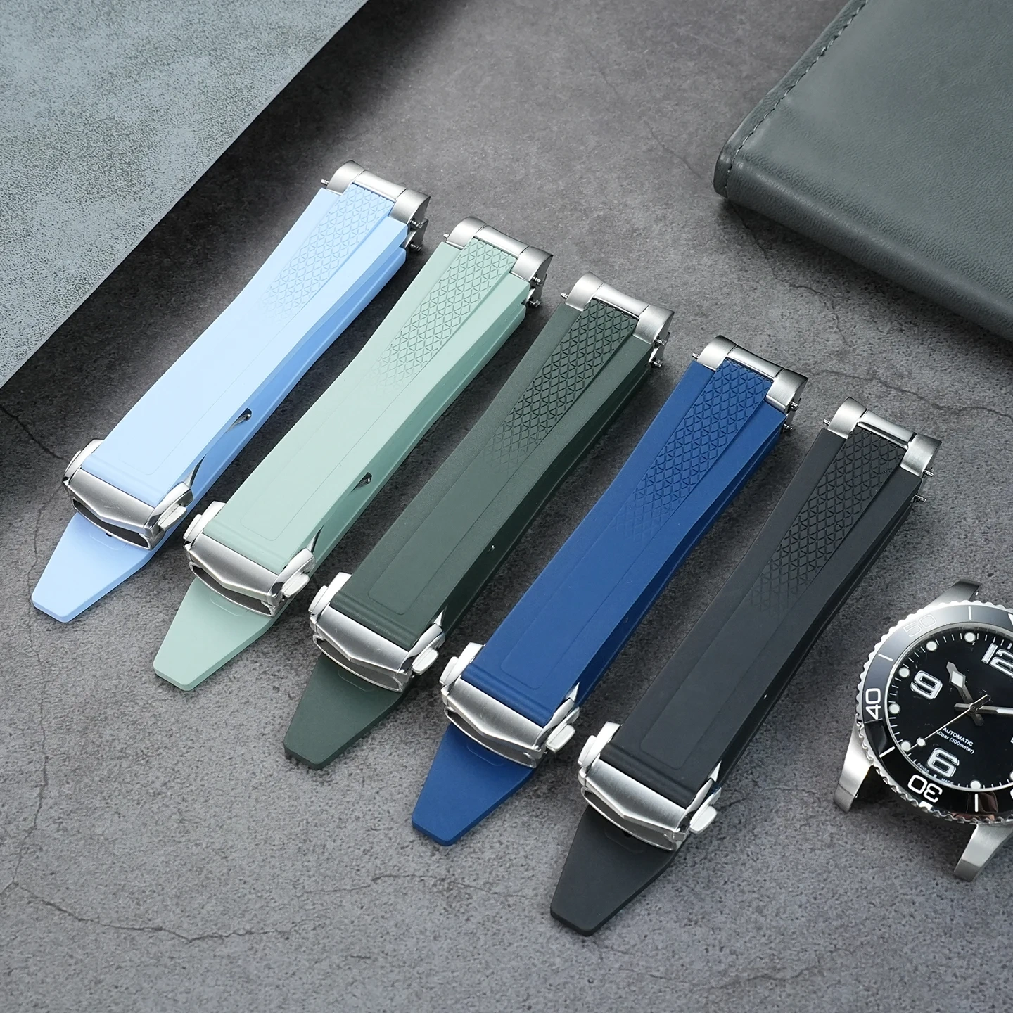 21mm Fluorous Rubber Watchband for Longines hydroconquest L3.781/L3.883.4 Conquest Sports Diving Watch Strap+Metal interface