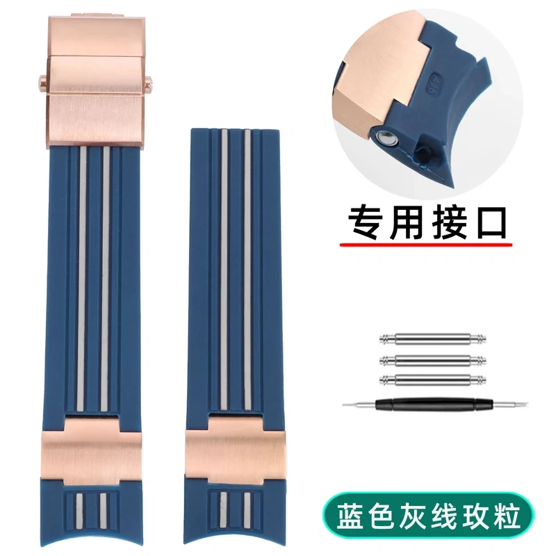 Natural Rubber Watchband 22mm For Ulysse Nardin Diver Black  red stripes Silicone Watch Strap Silver Rose Gold Folding Buckle