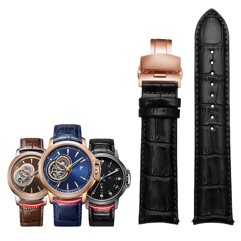 20MM 21MM 22MM Curved End Cowhide Watchband For Rossini 5793B04B 9633B04B Arc Mouth Lizard Pattern Tissot Strap Butterfly buckle