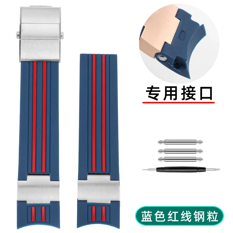 Natural Rubber Watchband 22mm For Ulysse Nardin Diver Black  red stripes Silicone Watch Strap Silver Rose Gold Folding Buckle