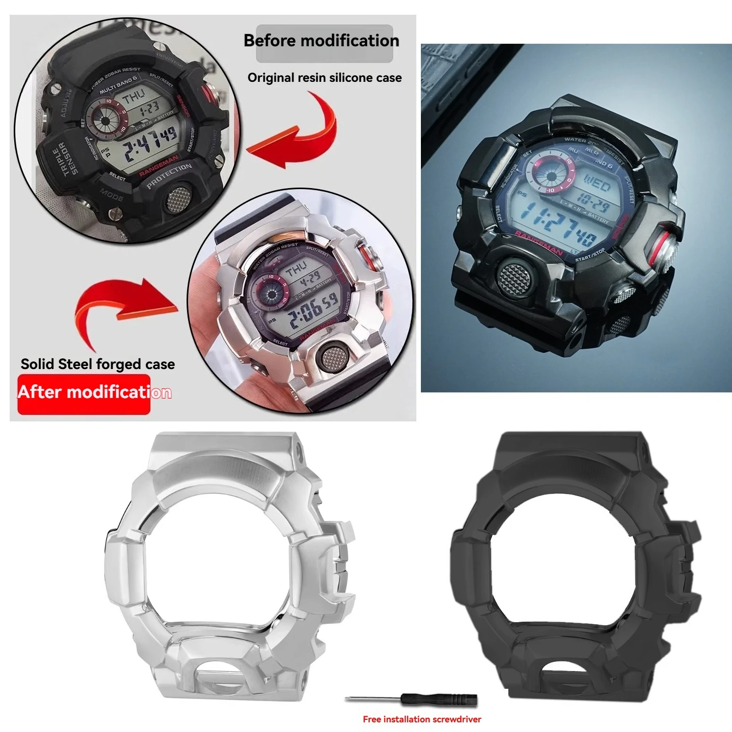 304L Stainless Steel Case GW9400 Silver Black Metal Bezel For Casio G-Shock Rangeman GW-9400J/BJ series Watch accessories