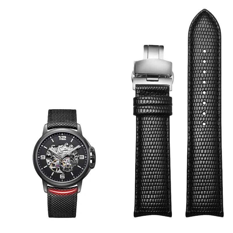 20MM 21MM 22MM Curved End Cowhide Watchband For Rossini 5793B04B 9633B04B Arc Mouth Lizard Pattern Tissot Strap Butterfly buckle