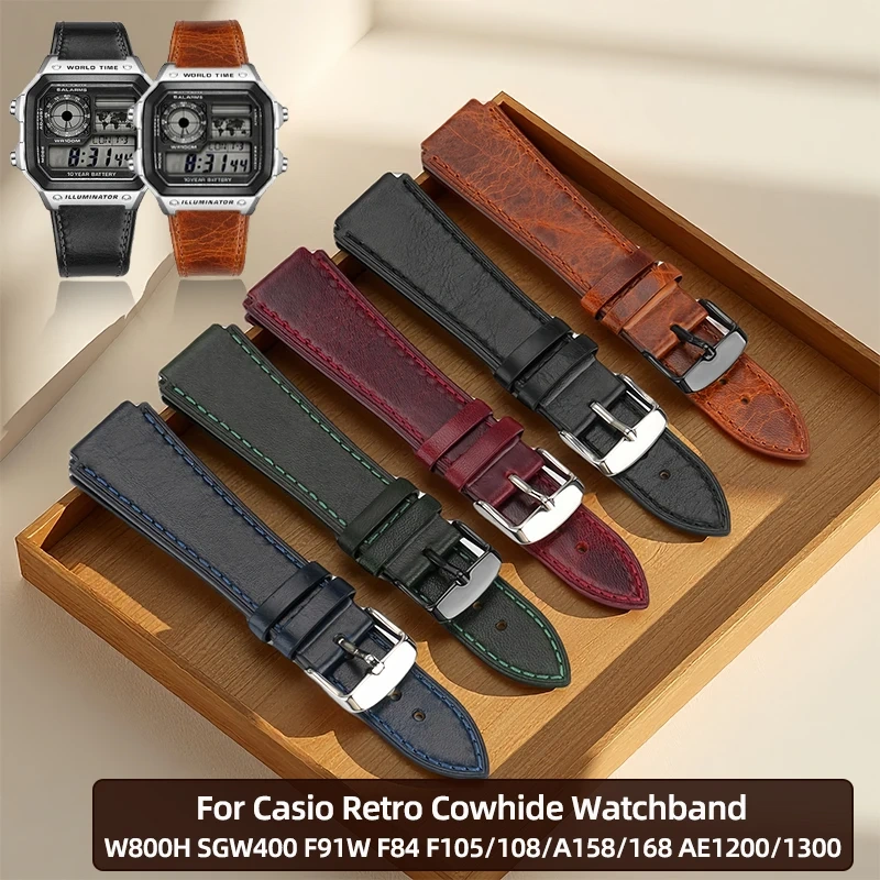 New Retro Cowhide Watchband For Casio W800H SGW400 F91W F84 F105/108/A158/168 AE1200/1300 Vintage Watch Bracelet Calfskin Strap