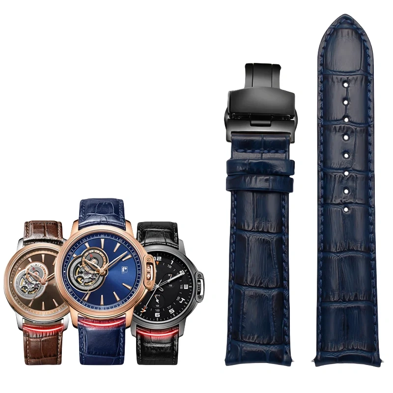 20MM 21MM 22MM Curved End Cowhide Watchband For Rossini 5793B04B 9633B04B Arc Mouth Lizard Pattern Tissot Strap Butterfly buckle