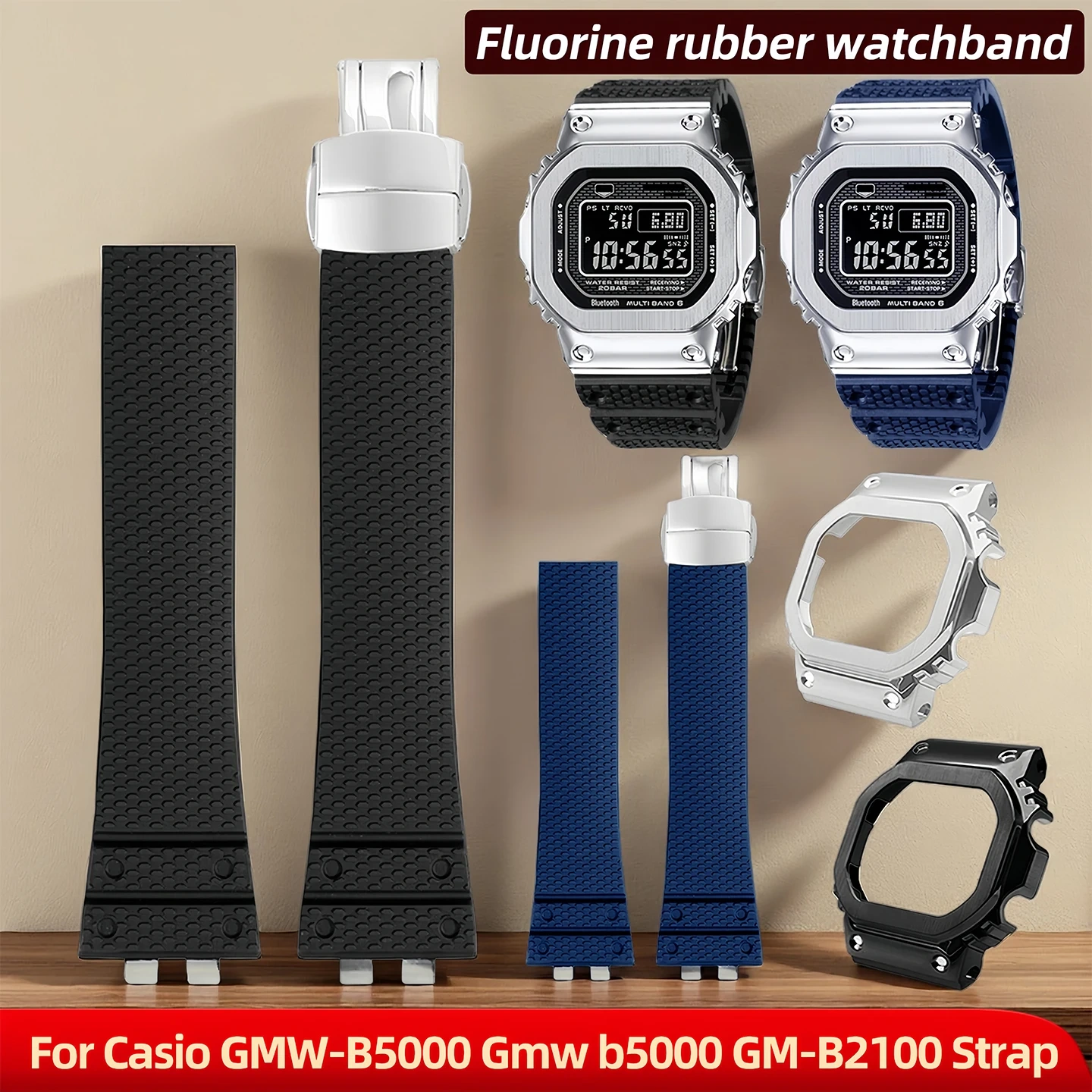 Modified Watchcase+Fluorine rubber watchband For Casio GMW-B5000 Gmw b5000 GM-B2100 series Folding buckle Men watch accessories