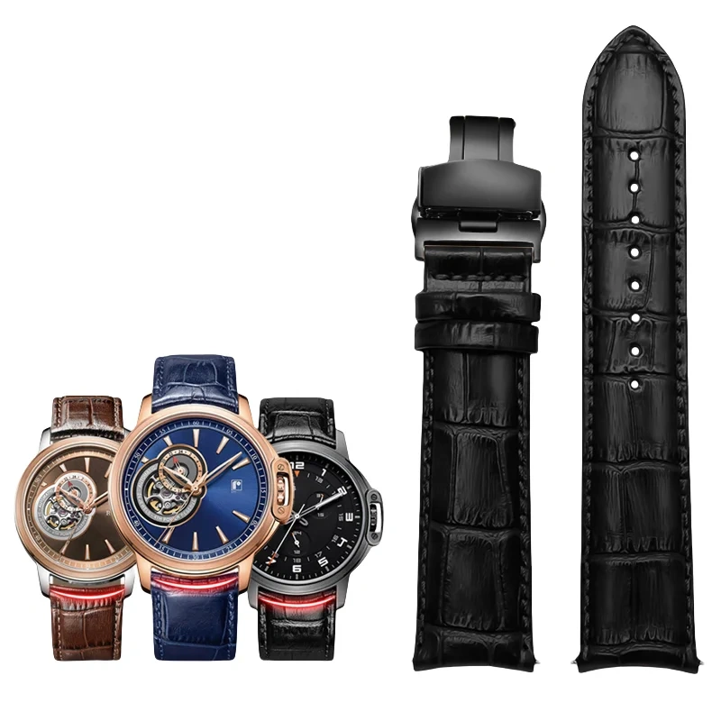20MM 21MM 22MM Curved End Cowhide Watchband For Rossini 5793B04B 9633B04B Arc Mouth Lizard Pattern Tissot Strap Butterfly buckle