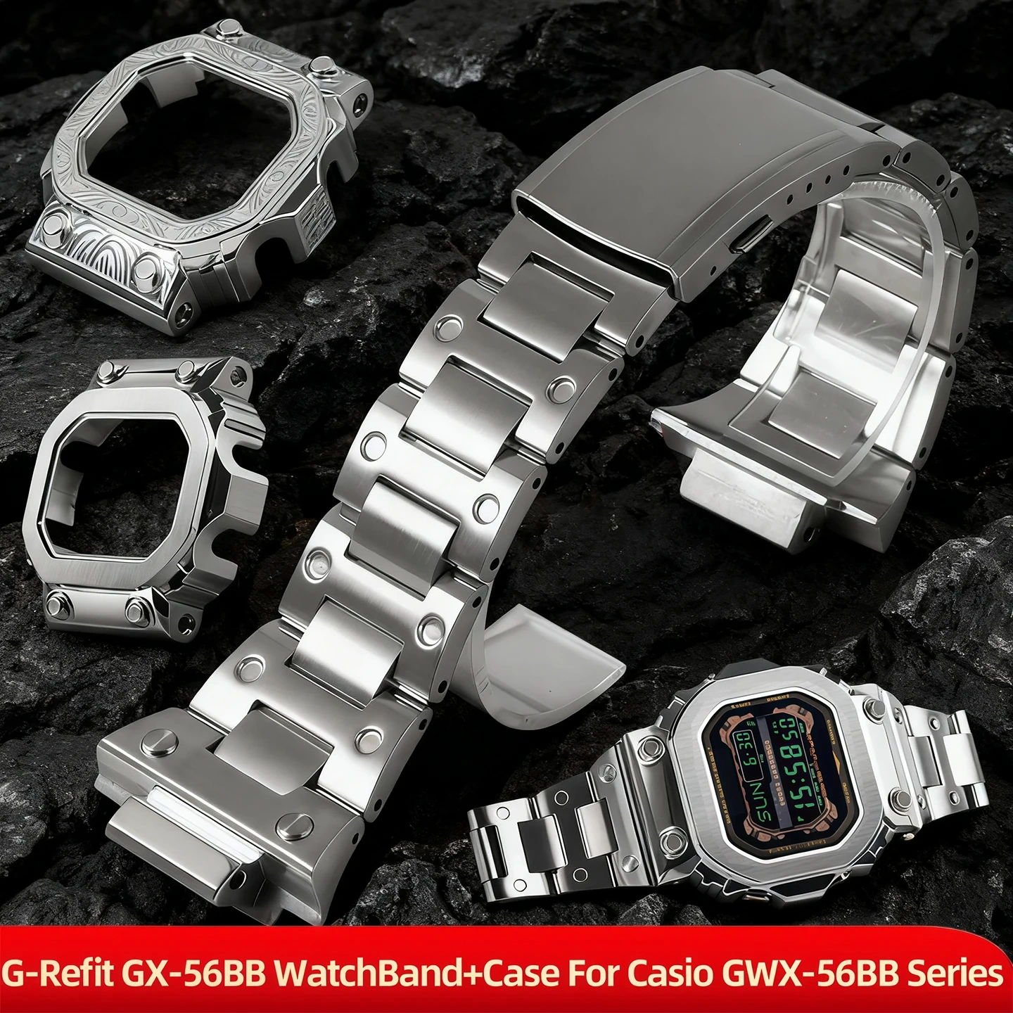 G-Refit GX-56BB Watch Band+Case 316L Stainless Steel Silver Black Gold Rainbow+Tools For Casio GWX-56BB Series Metal Bezel Strap