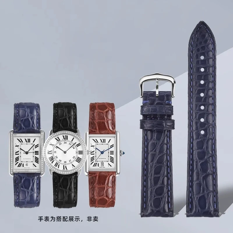 Alligator watch strap for Tank de Cartier W5200005 WSTA0030 17mm 18mm 19mm 20mm 21mm 22mm Black Brown Blue Crocodile Watchband