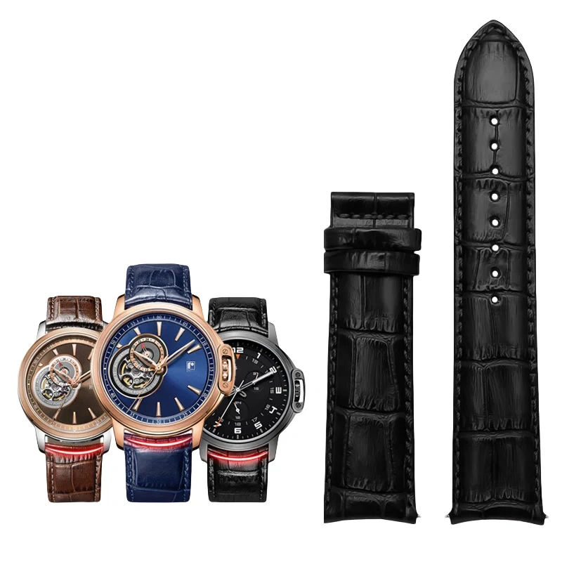 20MM 21MM 22MM Curved End Cowhide Watchband For Rossini 5793B04B 9633B04B Arc Mouth Lizard Pattern Tissot Strap Butterfly buckle