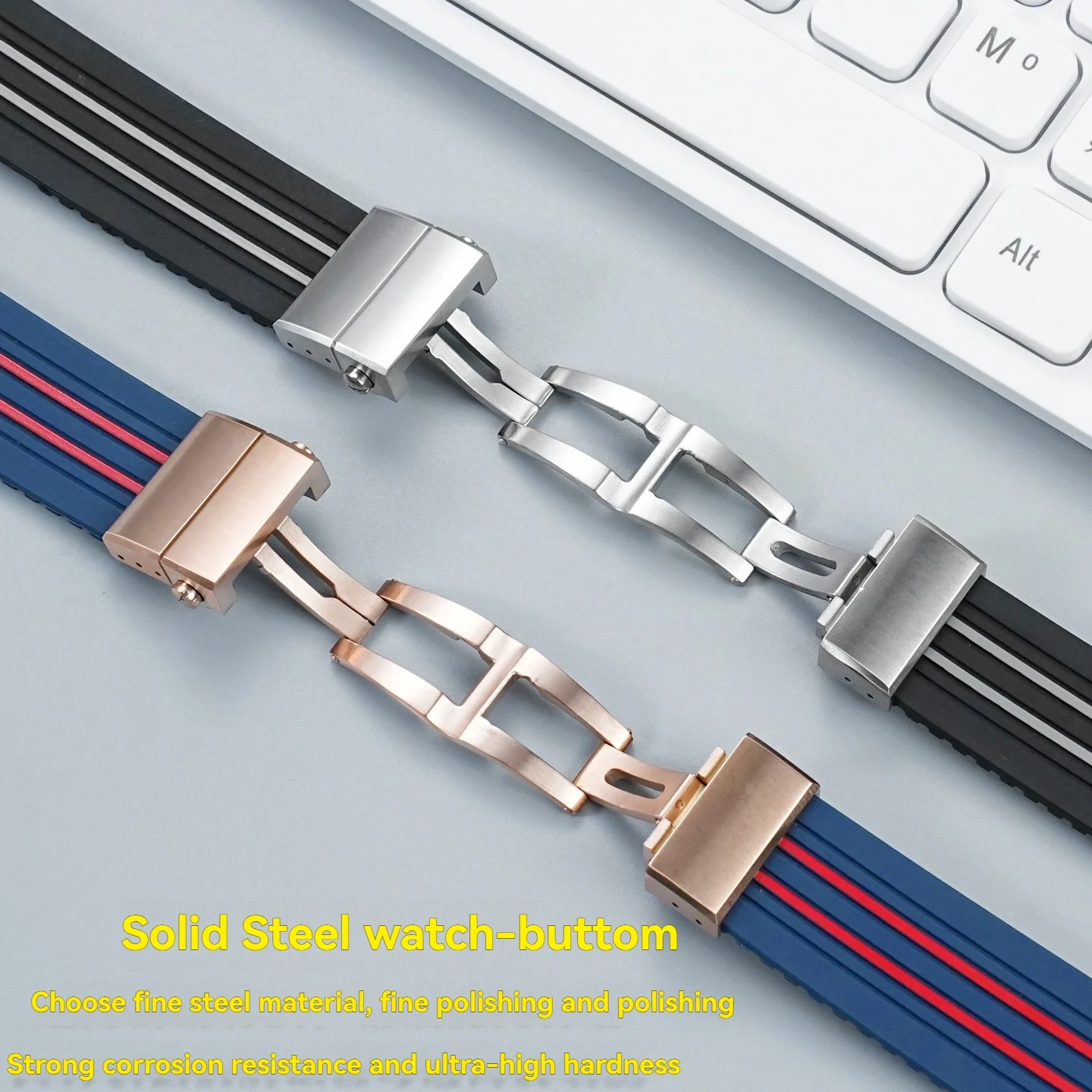 Natural Rubber Watchband 22mm For Ulysse Nardin Diver Black  red stripes Silicone Watch Strap Silver Rose Gold Folding Buckle