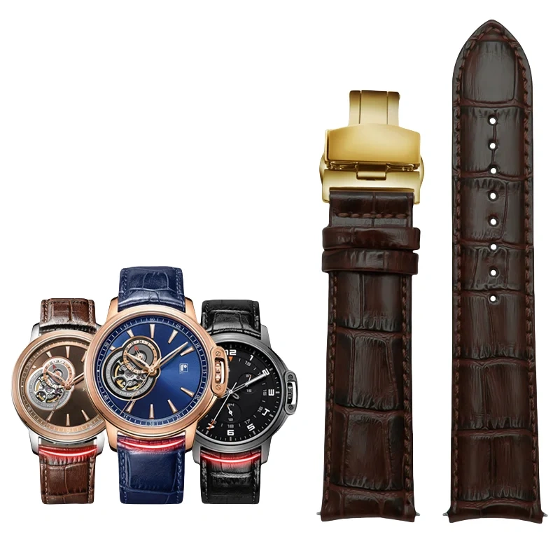 20MM 21MM 22MM Curved End Cowhide Watchband For Rossini 5793B04B 9633B04B Arc Mouth Lizard Pattern Tissot Strap Butterfly buckle