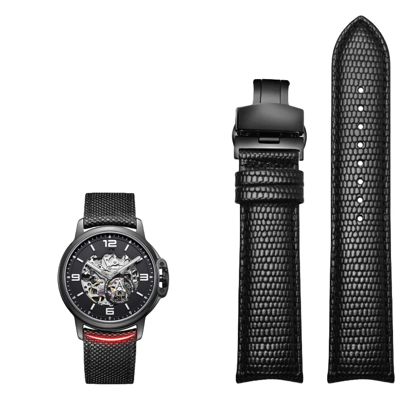 20MM 21MM 22MM Curved End Cowhide Watchband For Rossini 5793B04B 9633B04B Arc Mouth Lizard Pattern Tissot Strap Butterfly buckle