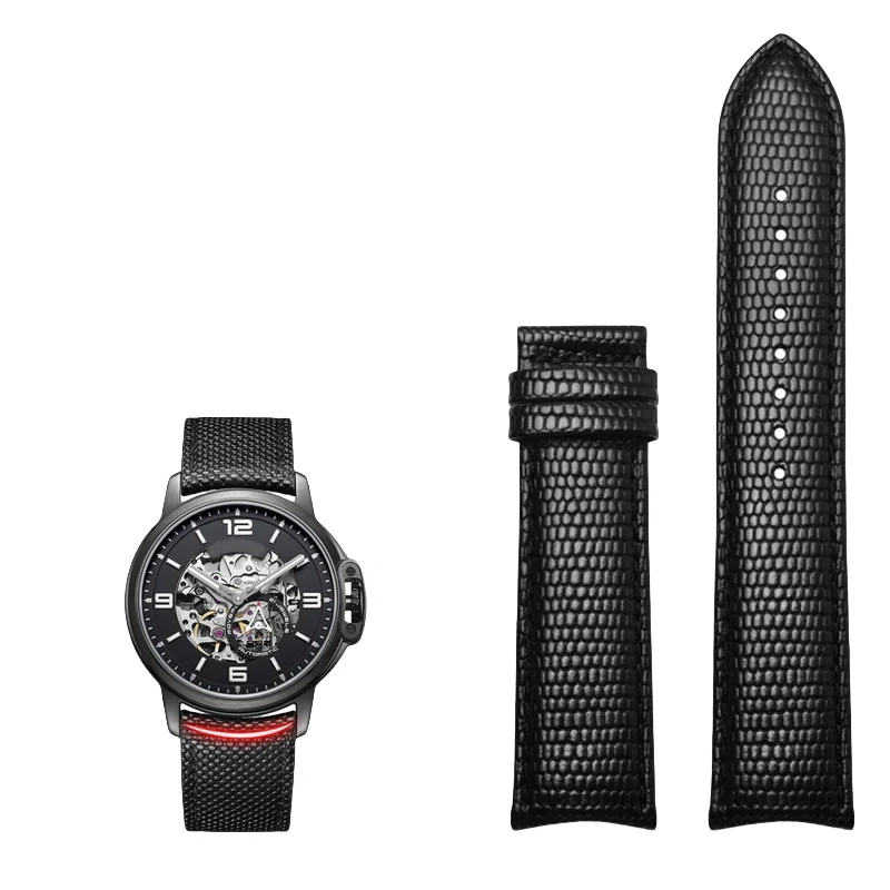 20MM 21MM 22MM Curved End Cowhide Watchband For Rossini 5793B04B 9633B04B Arc Mouth Lizard Pattern Tissot Strap Butterfly buckle