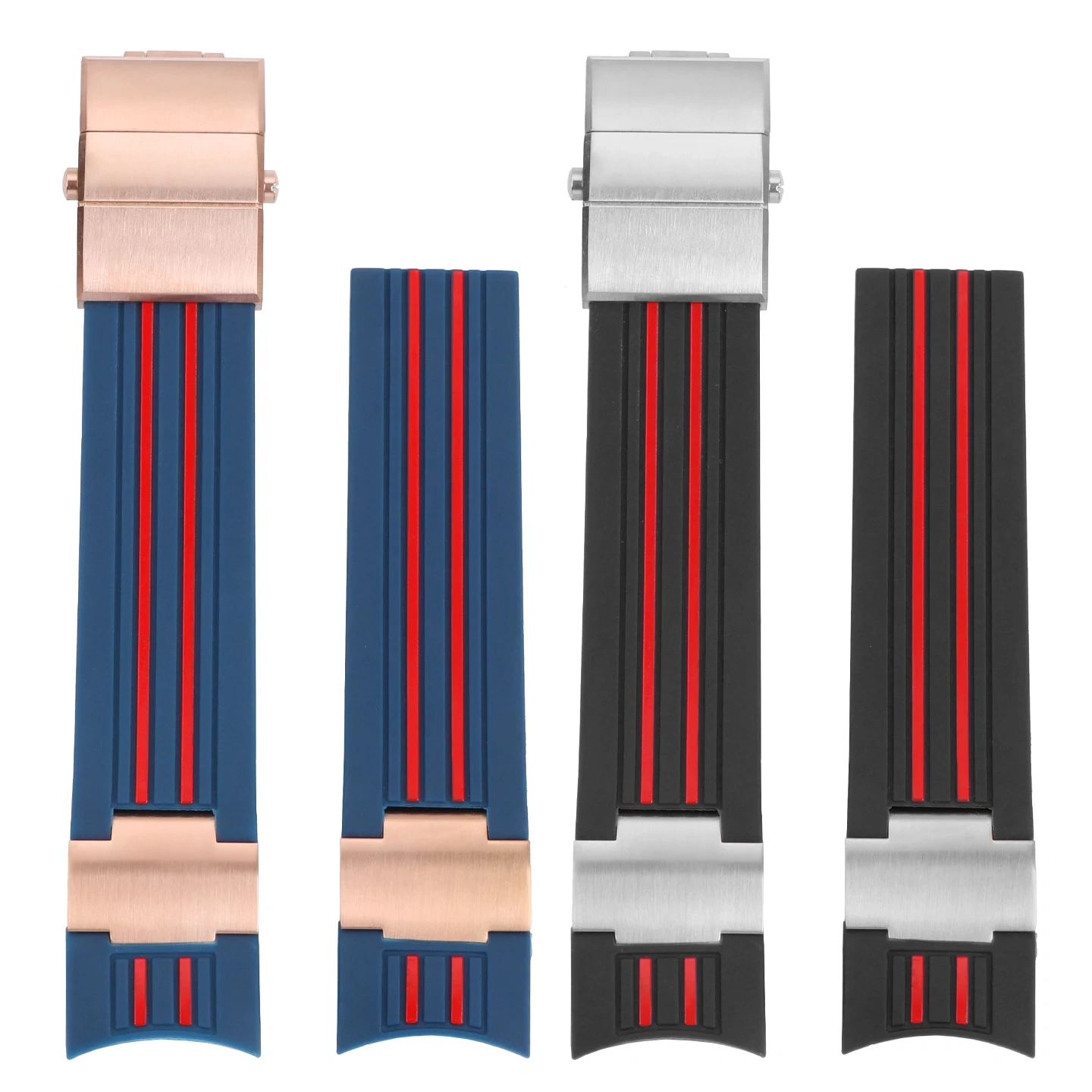 Natural Rubber Watchband 22mm For Ulysse Nardin Diver Black  red stripes Silicone Watch Strap Silver Rose Gold Folding Buckle