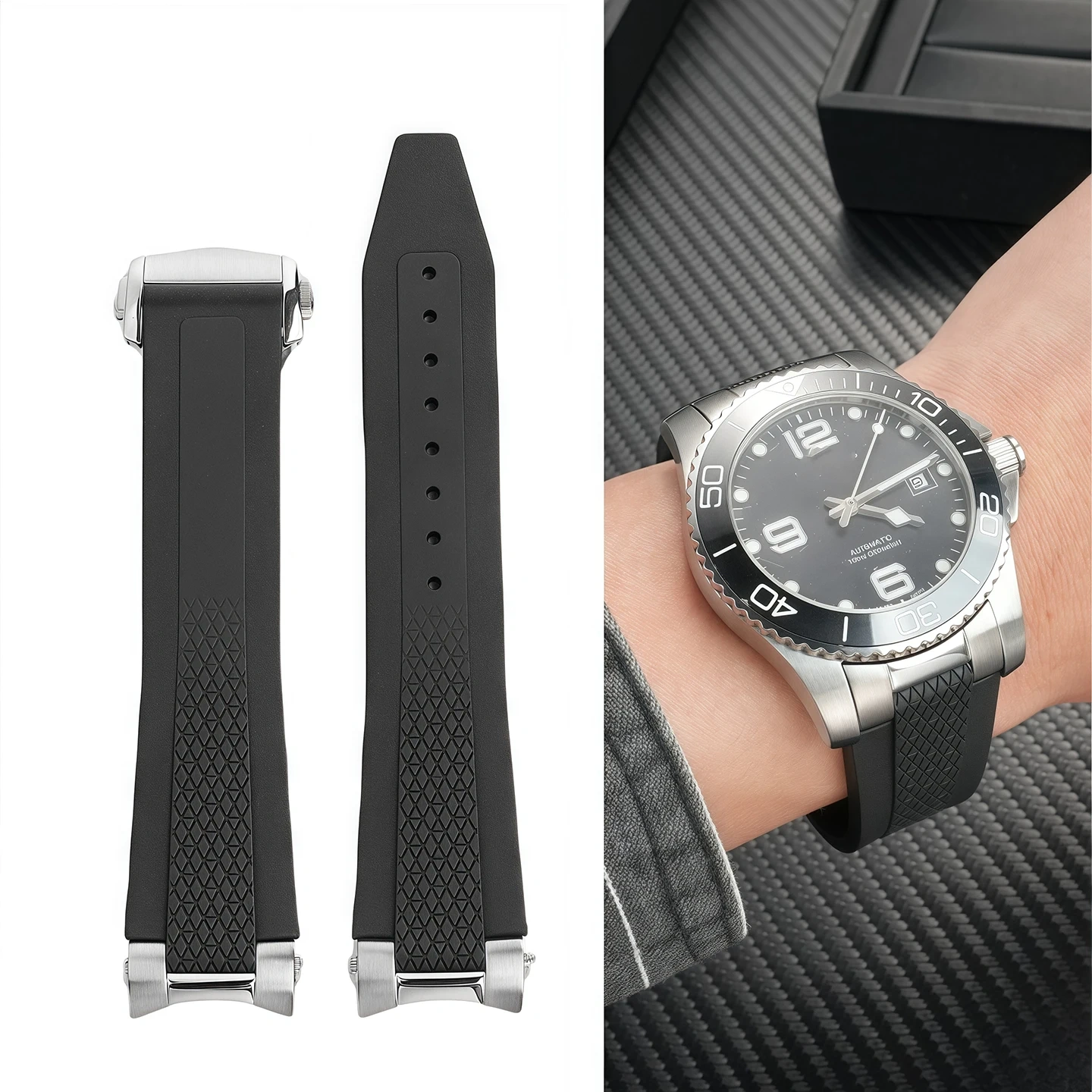 21mm Fluorous Rubber Watchband for Longines hydroconquest L3.781/L3.883.4 Conquest Sports Diving Watch Strap+Metal interface