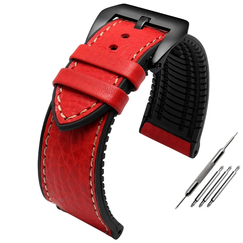 Italian cowhide lea/ther silicone bottom watch strap 20mm 22mm 24mm waterproof breathable watchband For Panerai Omega Tag heuer