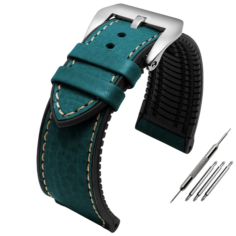 Italian cowhide lea/ther silicone bottom watch strap 20mm 22mm 24mm waterproof breathable watchband For Panerai Omega Tag heuer
