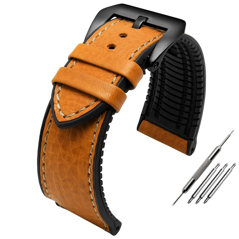 Italian cowhide lea/ther silicone bottom watch strap 20mm 22mm 24mm waterproof breathable watchband For Panerai Omega Tag heuer