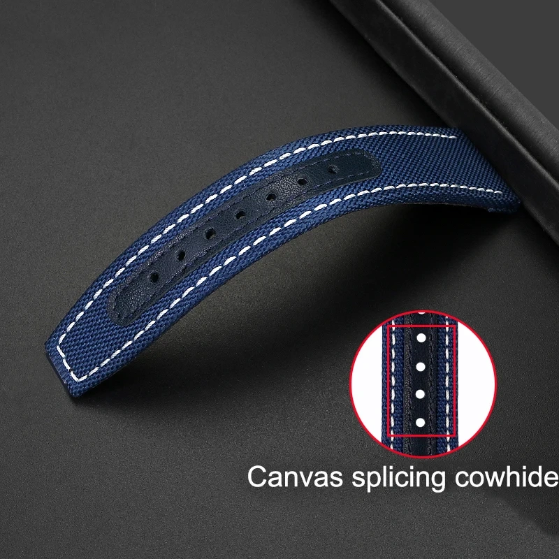 20 21 22mm nylon canvas spliced cowhide strap gray black blue white line watchband For IWC pilot mark-18/20 big pilots seires