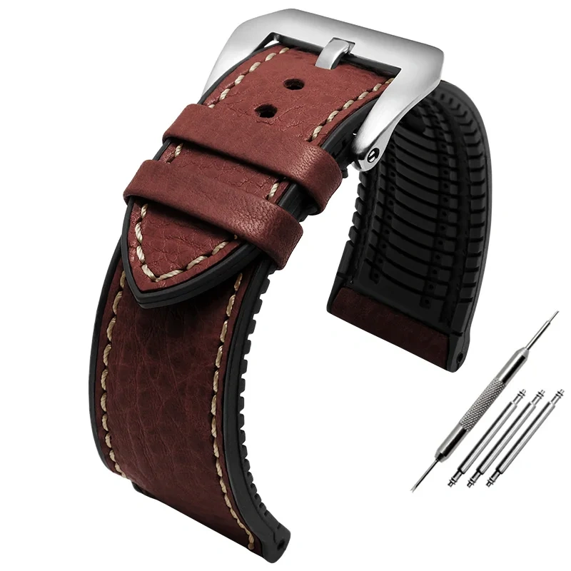 Italian cowhide lea/ther silicone bottom watch strap 20mm 22mm 24mm waterproof breathable watchband For Panerai Omega Tag heuer