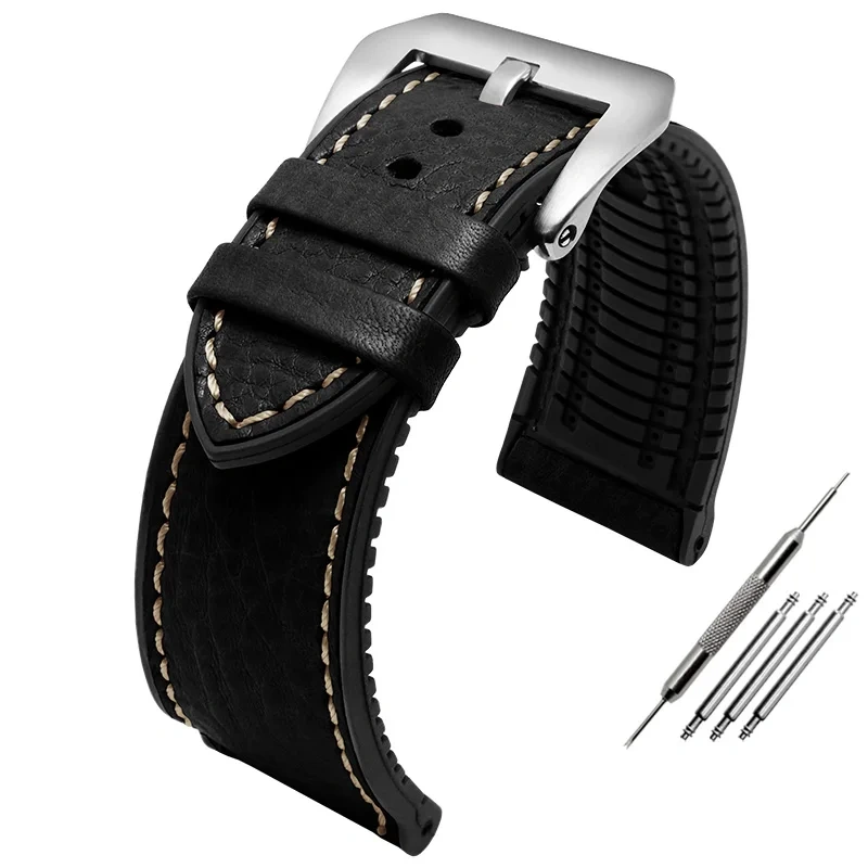 Italian cowhide lea/ther silicone bottom watch strap 20mm 22mm 24mm waterproof breathable watchband For Panerai Omega Tag heuer