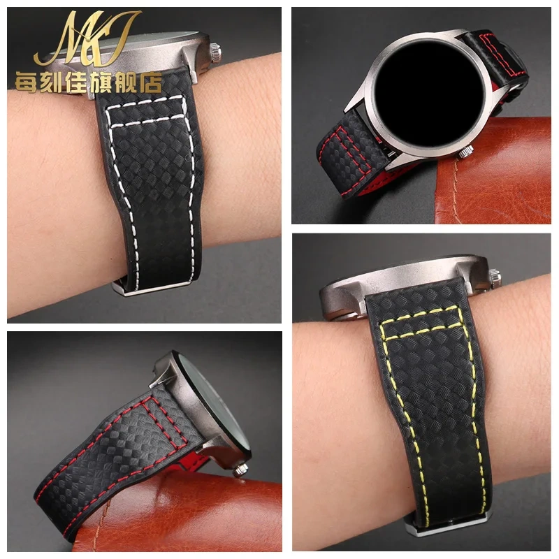 Cowhide lea/ther watch strap 20 21 22 Carbon fiber lines black red yellow white line watchband For IWC pilot Mark-xx portugieser
