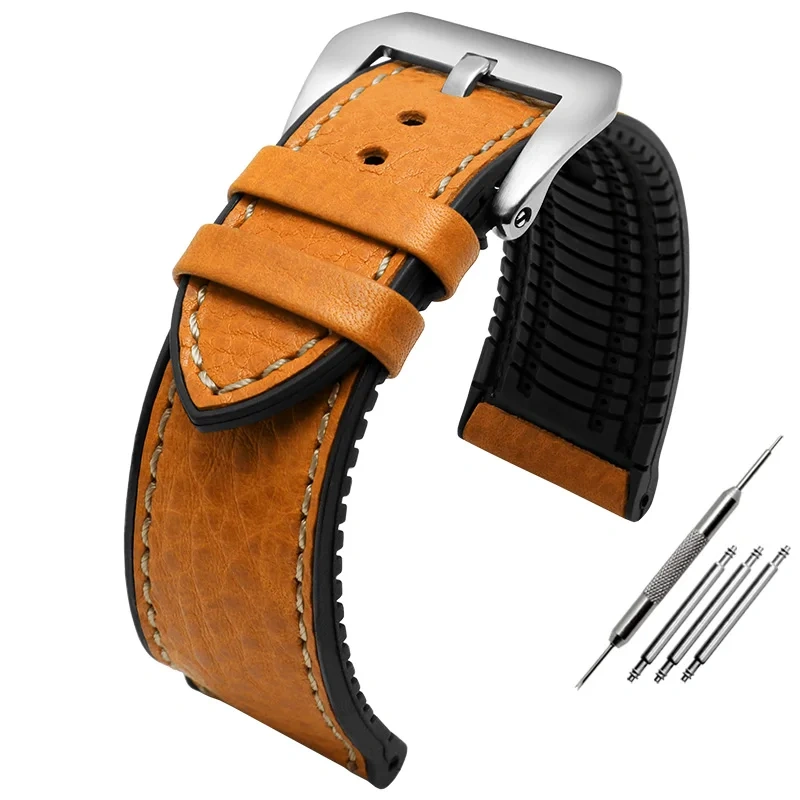 Italian cowhide lea/ther silicone bottom watch strap 20mm 22mm 24mm waterproof breathable watchband For Panerai Omega Tag heuer