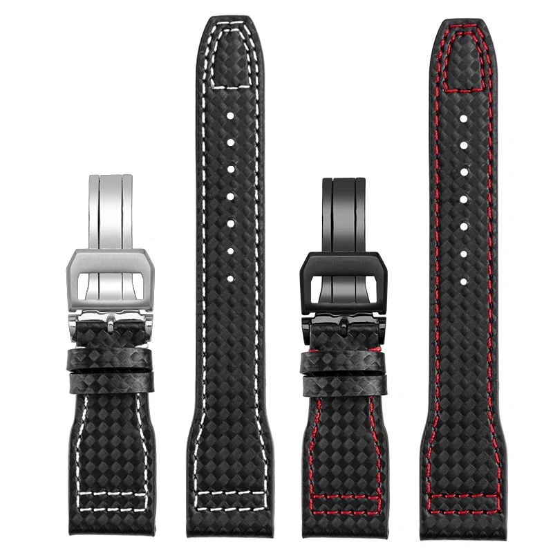 Cowhide lea/ther watch strap 20 21 22 Carbon fiber lines black red yellow white line watchband For IWC pilot Mark-xx portugieser